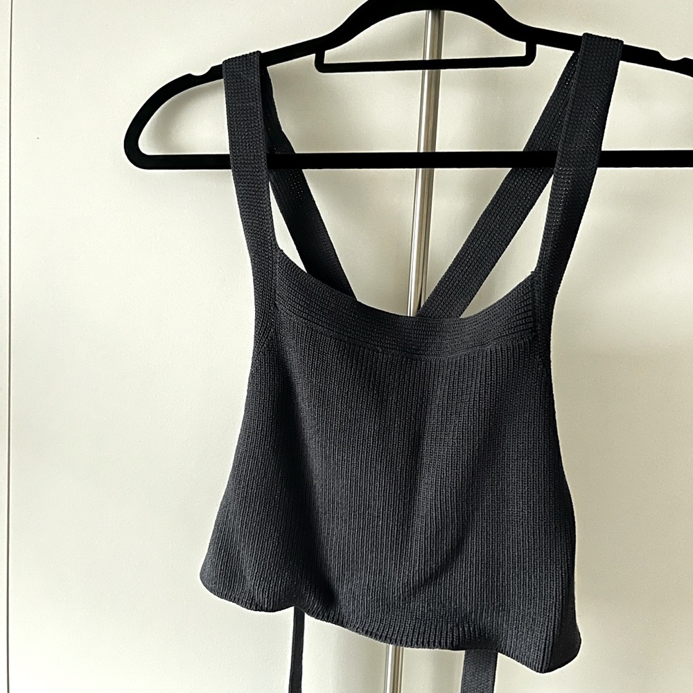 Navy Blue knit tie up crop top with open back.